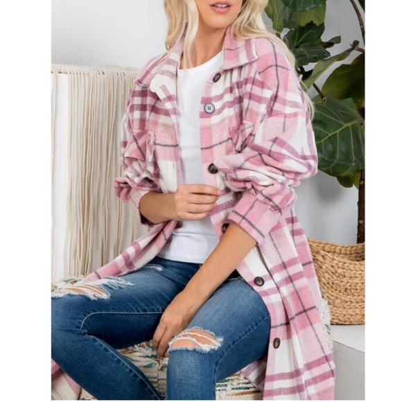 Pink Plaid Long Flannel Shirt Jacket Shacket Coat - Picture 6 of 8